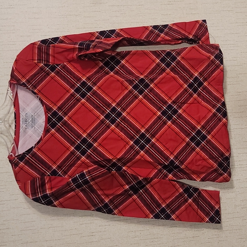 TALBOTS PETITE TEE: LONG SLEEVE: RED/BLACK PLAID: NWOT: SZ P (0-2)